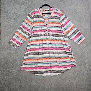 Reborn Womens Pin Tuck Blouse Sz 2XL Colorful Striped Henley Top Beachy Summer
